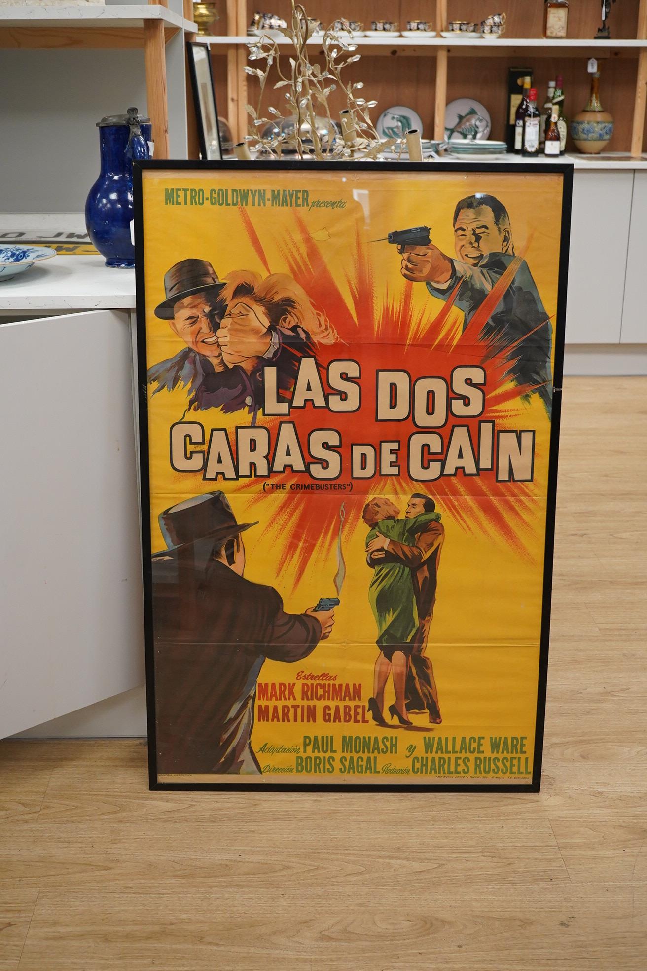 An Argentinian framed 1960s film poster for Las Dos Caras de Cain (The Crimebusters), 1962. Condition - fair to good